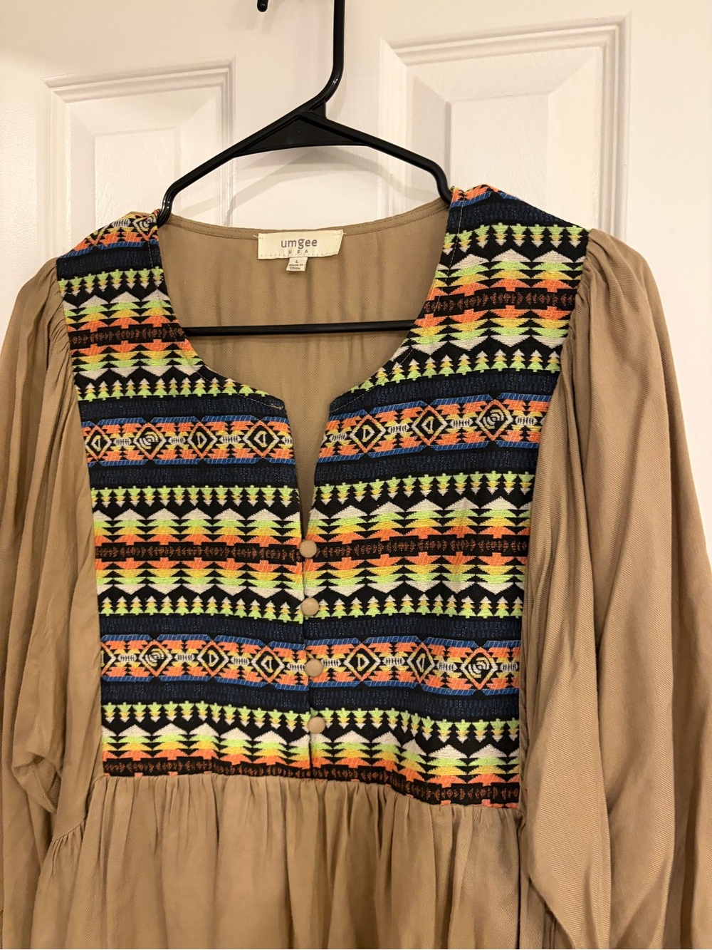 Umgee Babydoll Tunic Dress Tribal Boho Puff Sleeve Tan Large - Picture 3 of 7